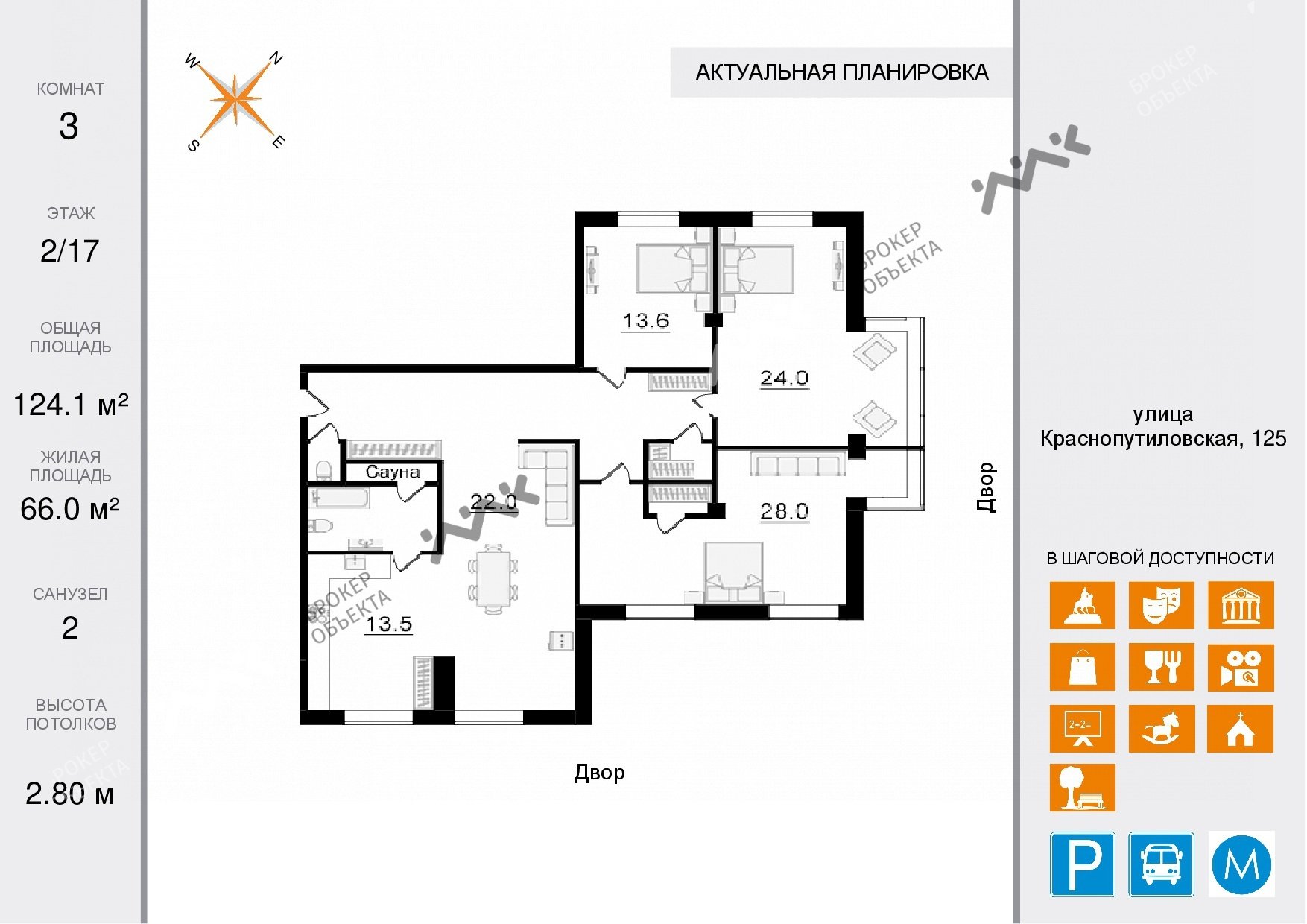 4 комн. кв. 124.1 m2 2/16 этаж Краснопутиловская ул., д.125 Купить по цене  29900000 ₽