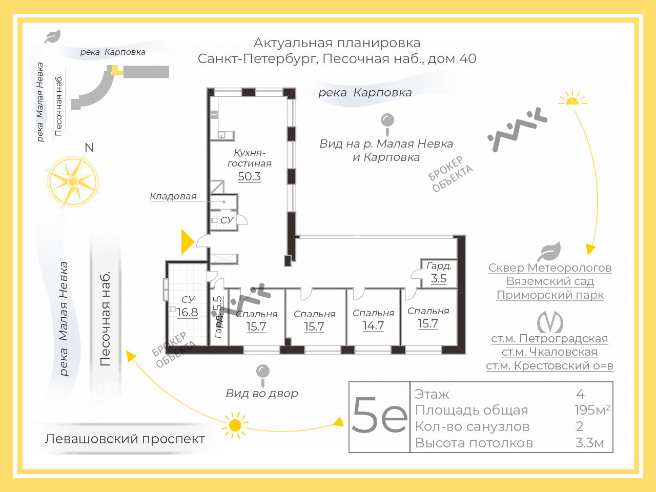 5 комн. кв. 195 m2 4/13 этаж Песочная наб., д.40 Купить по цене 146000000 ₽