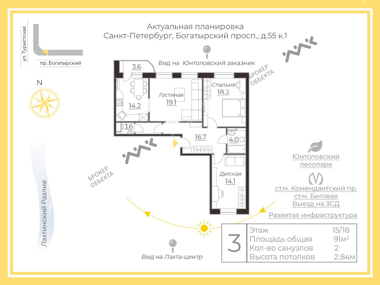 3 комн. кв. 91 m2 15/18 этаж Богатырский проспект, д.55, к.1 Купить по цене  20500000 ₽