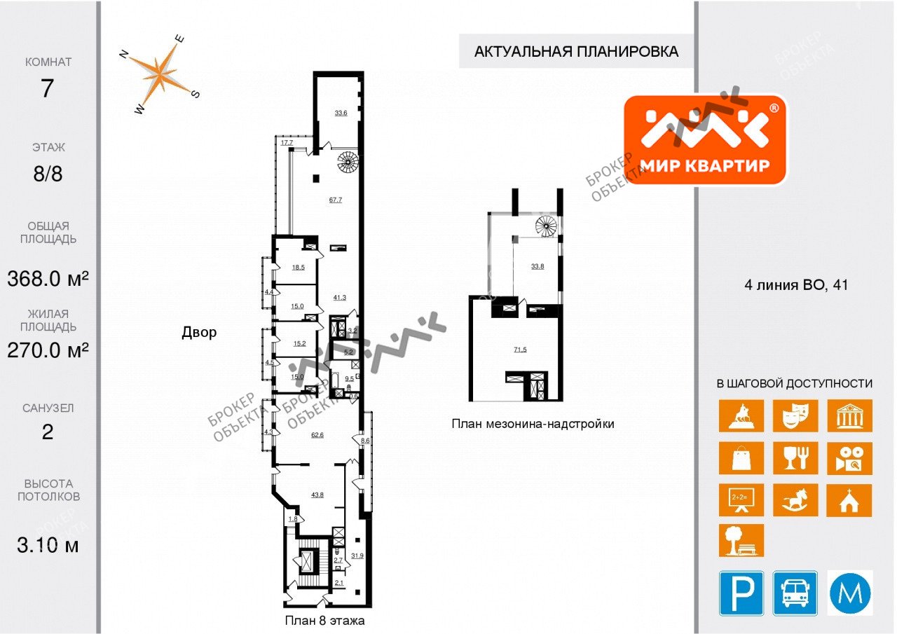 7 комн. кв. 368 m2 8/8 этаж 4-я В.О. линия, д.41 Купить по цене 73500000 ₽